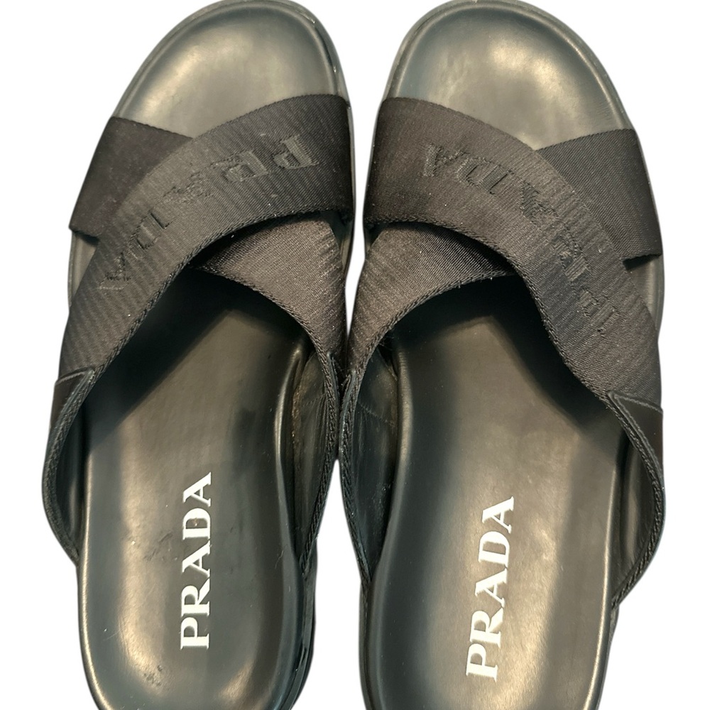 Prada Brushed Leather and Re-Nylon Tape Crisscross Slides - Picture 5 of 5